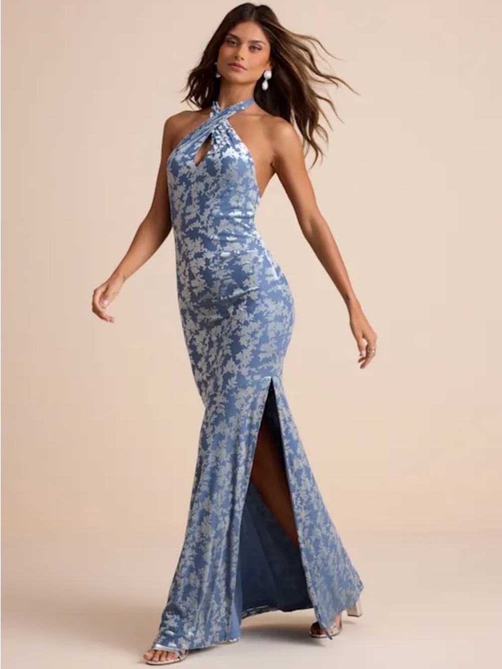 Lulus Sharon Slate Blue Velvet Burnout Halter Maxi Dress - Size XL - Picture 4 of 7